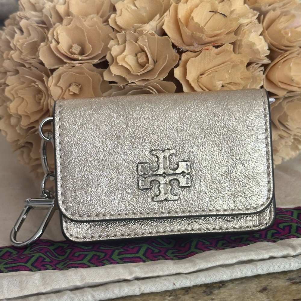 New Tory burch THEA METALLIC FLAP CARD CASE WHITE GOLD - Picture 7 of 8